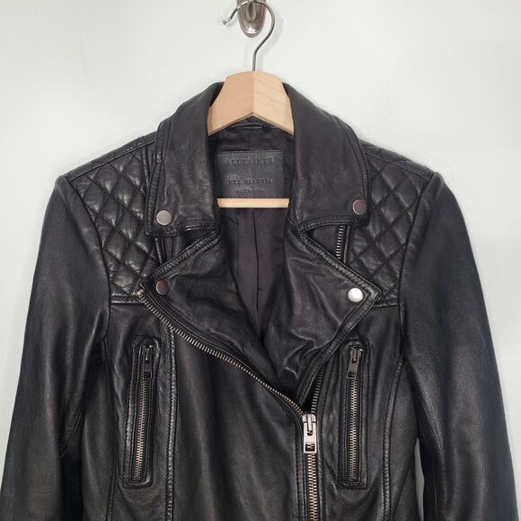 AllSaints Conroy Quilted Leather Zip Biker Jacket Black Asymmetric Size 4 - Picture 6 of 11